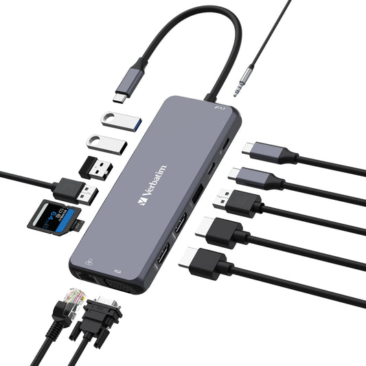 Verbatim USB-C Pro Multiport Hub 14 Ports, 2x HDMI 4K + VGA, RJ45 1GbE, USB-C PD 100W in/85W to h...
