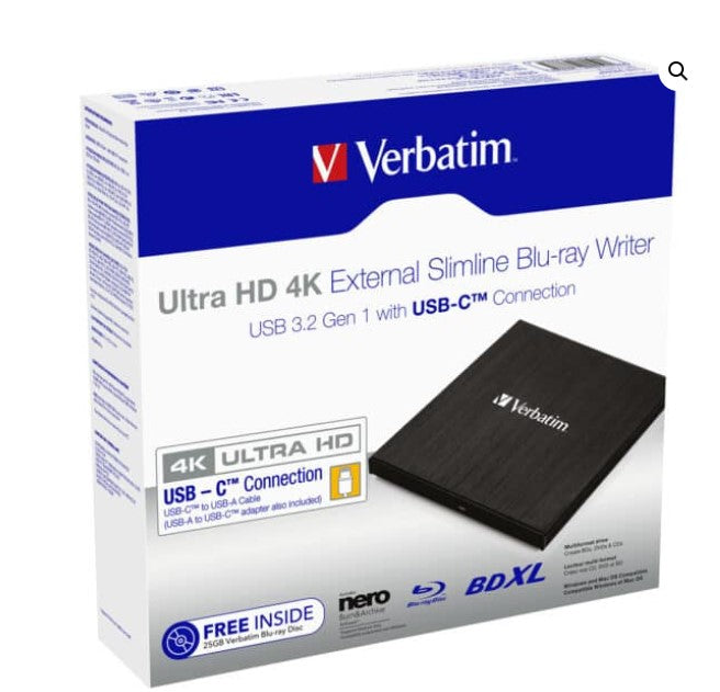 Verbatim External Slim Blue-ray Writer Ultra HD 4K Type-C Connection, USB 3.1 Gen1. Includes Nero...