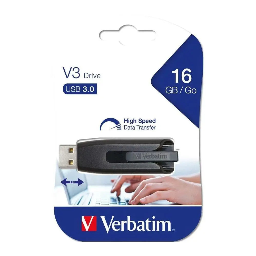 Verbatim 16GB V3 USB3.0 Grey Store'n'Go V3; Retractable USB Storage Drive Memory Stick - USB, Blu...