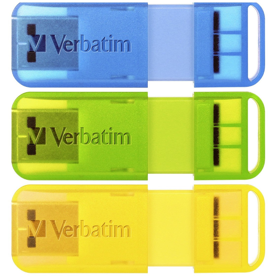 Verbatim Pop-Up 32GB USB 2.0 Triple Pack - Assorted Bright Colours, Blue, Green, Yellow - USB, Bl...