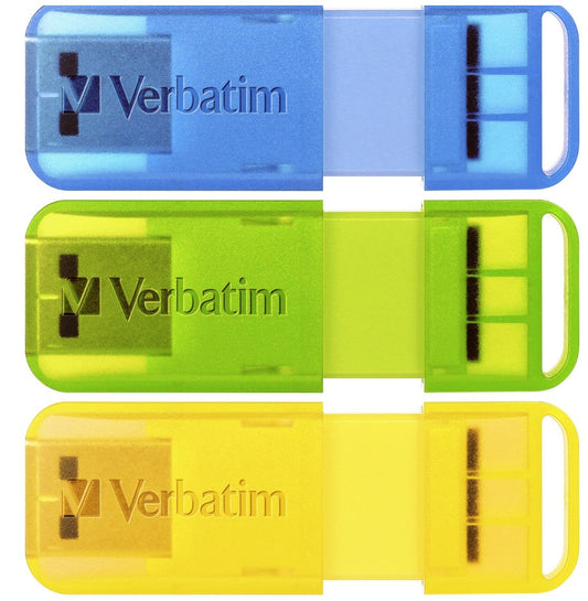 Verbatim Pop-Up 32GB USB 2.0 Triple Pack - Assorted Bright Colours, Blue, Green, Yellow - USB, Bl...