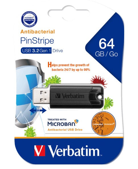 (LS)Verbatim 64GB Antibacterial Pinstripe USB 3.0 Drive (with Microban®) Black - USB, Bluetooth...