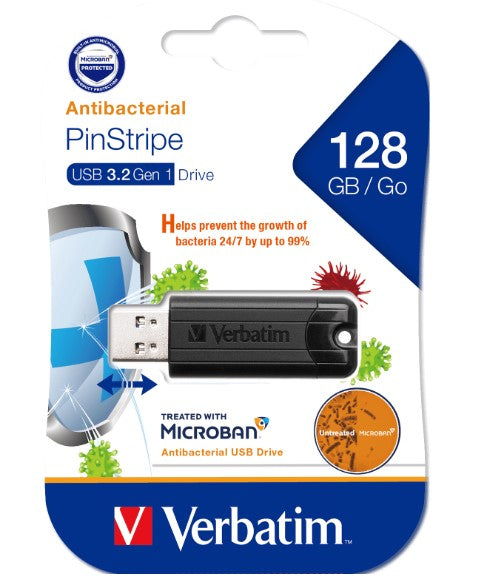 Verbatim 128GB Antibacterial Pinstripe USB 3.0 Drive (with Microban®) Black - USB, Bluetooth  IEEE