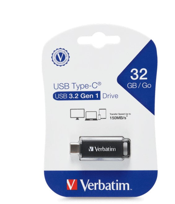 Verbatim 32GB Type-C USB 3.2 Flash Drive - Black Retail Pack 70903 Ultra Fast Transfer, Compact a...