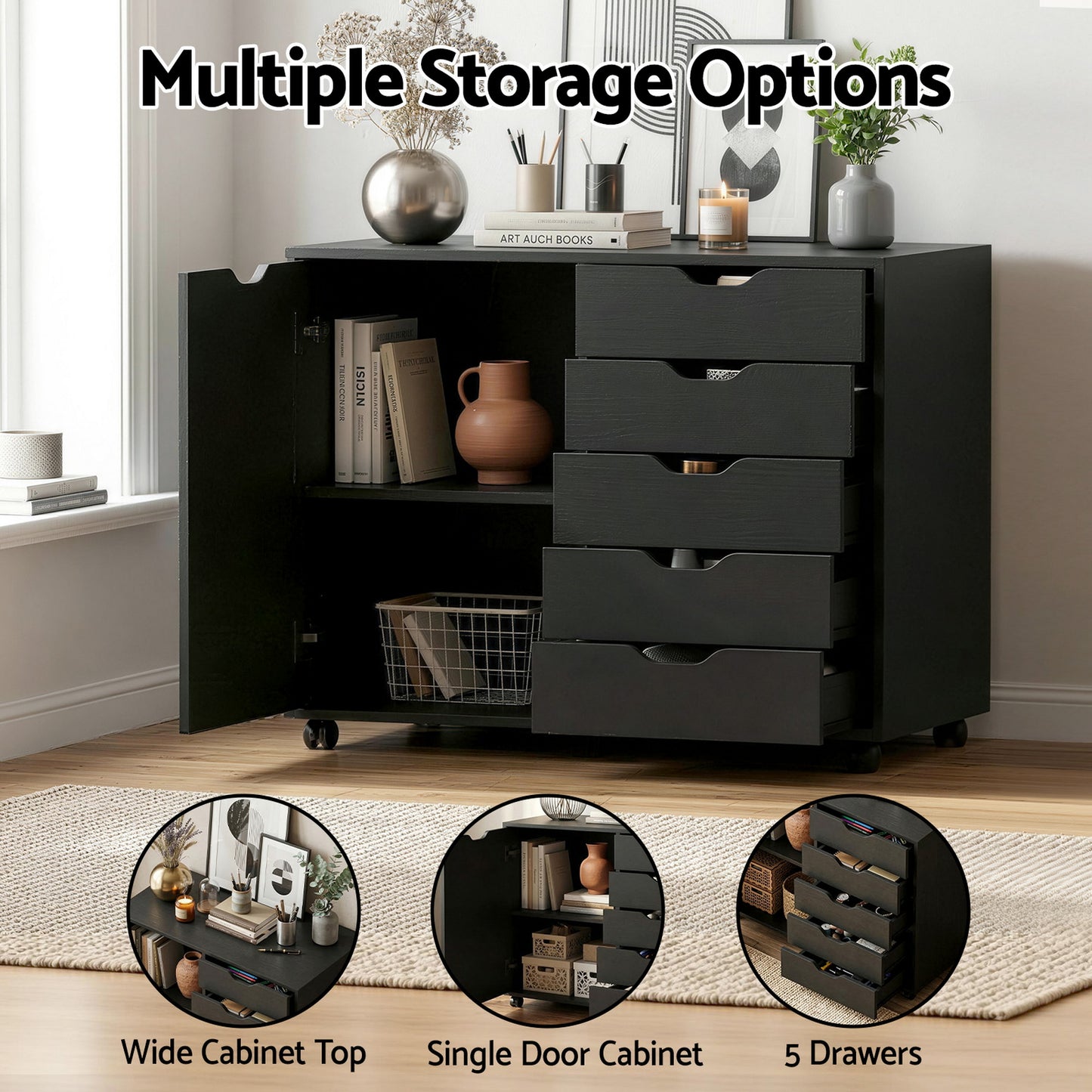 Artiss Mobile Filing Cabinet 5 Drawer with Door Modern Storage Cabinet Printer Stand - Image 5