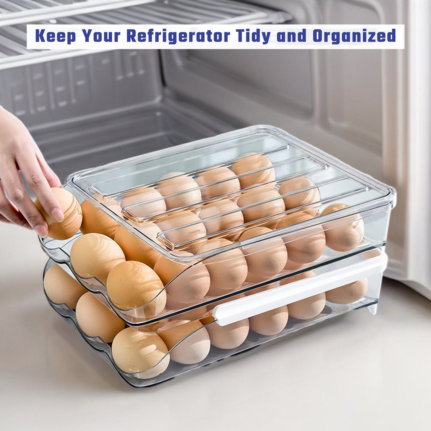Hivvago 2 Layers Automatic Rolling Clear Egg Refrigerator Organizer with Lid - Image 2