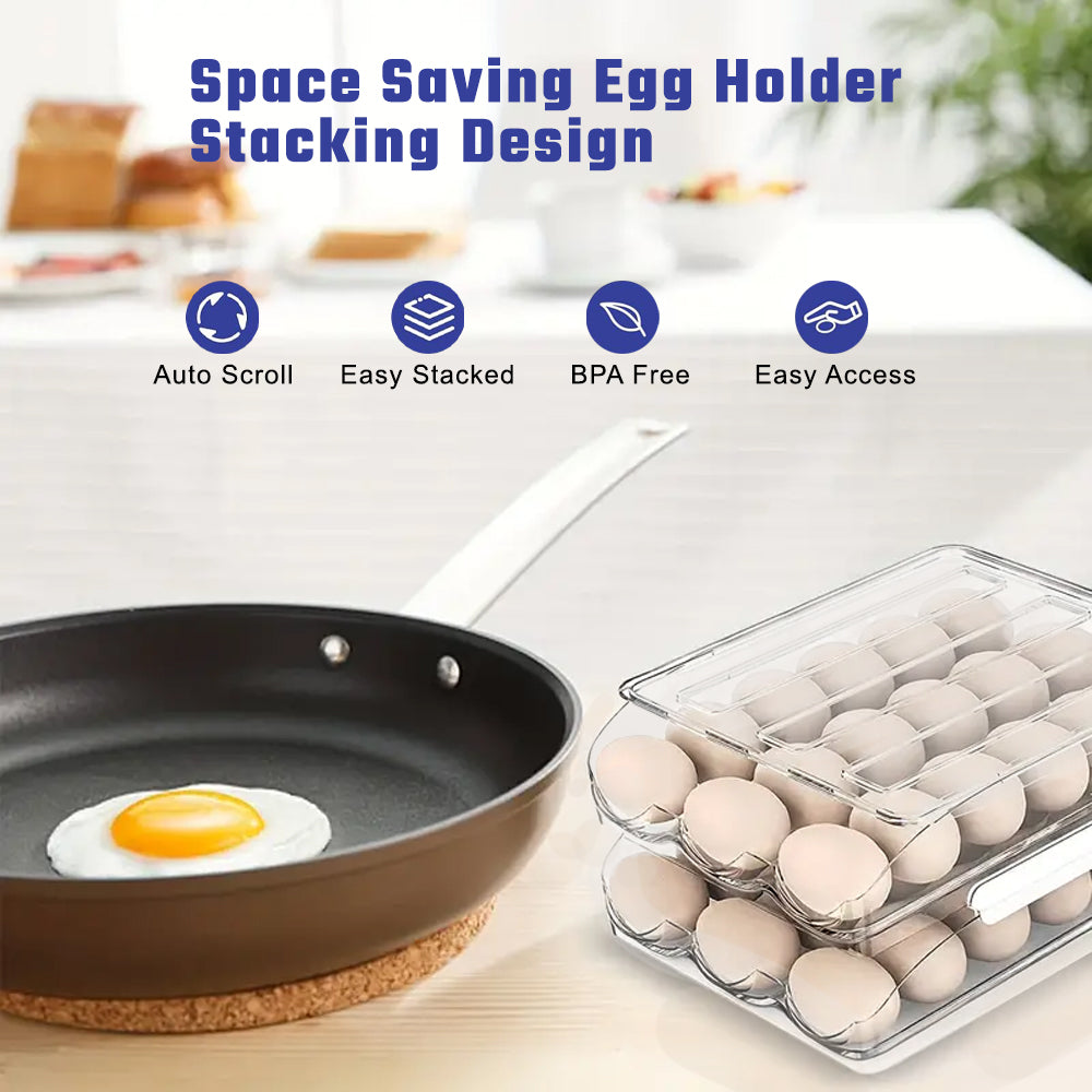 Hivvago 2 Layers Automatic Rolling Clear Egg Refrigerator Organizer with Lid - Image 6
