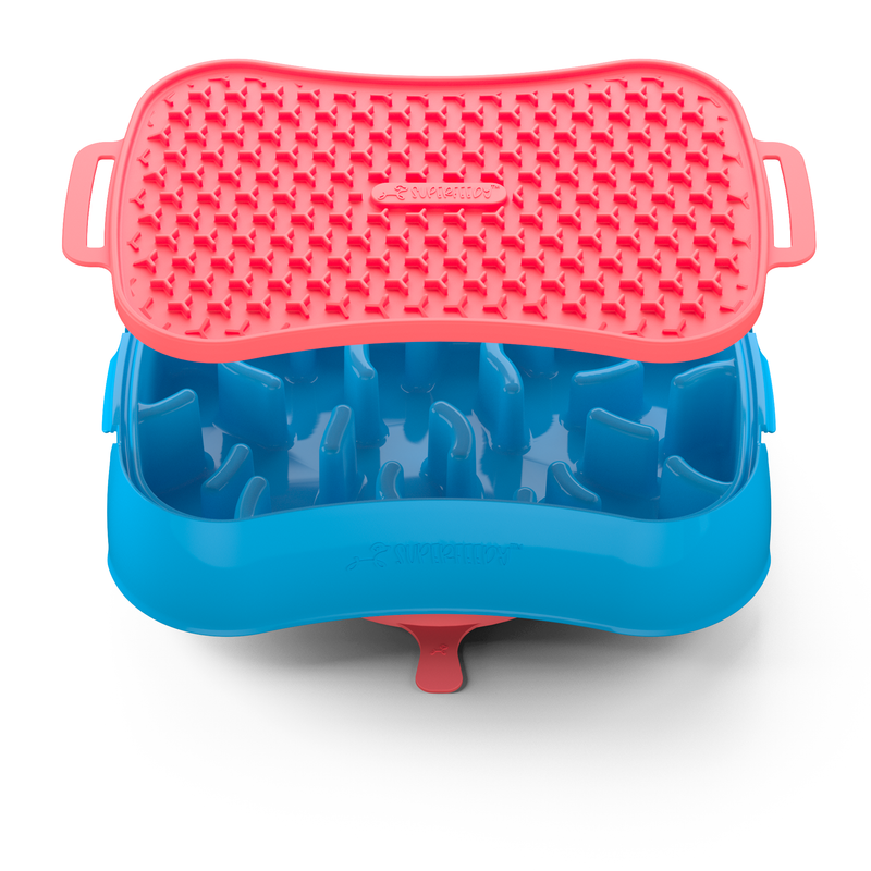 4-in-1 Slow Feeder Dog Bowl - Blue Bowl and Warm Ocean Red Lickmat - Image 3