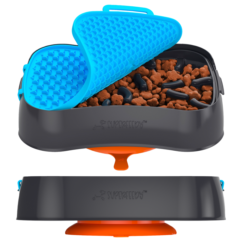 4-in-1 Slow Feeder Dog Bowl - Dark Grey Bowl with Blue Lickmat - Image 8