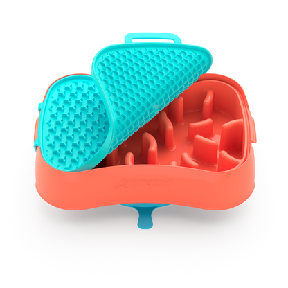 4-in-1 Slow Feeder Dog Bowl - Warm Ocean Red Bowl with Teal Lickmat - Image 2