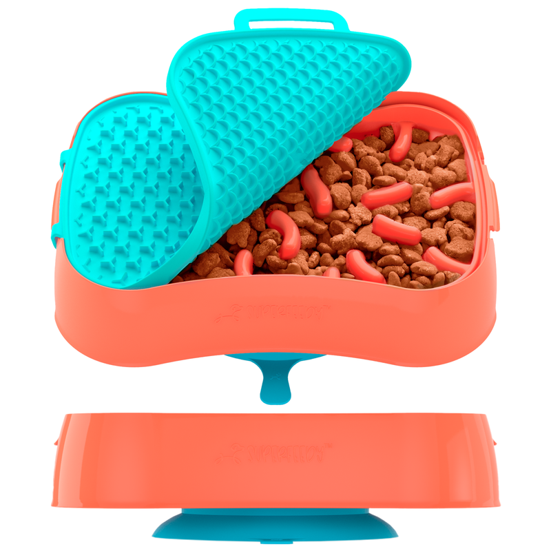 4-in-1 Slow Feeder Dog Bowl - Warm Ocean Red Bowl with Teal Lickmat - Image 8
