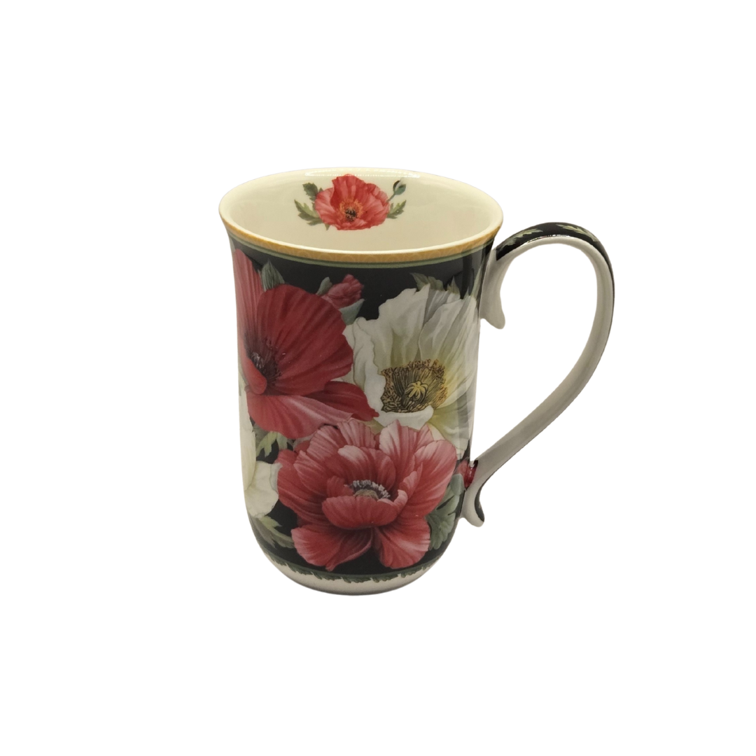Elegant Poppies Fine Bone China Mug - 405ml Black Floral Teacup - Image 2