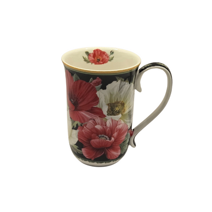 Elegant Poppies Fine Bone China Mug - 405ml Black Floral Teacup - Image 2