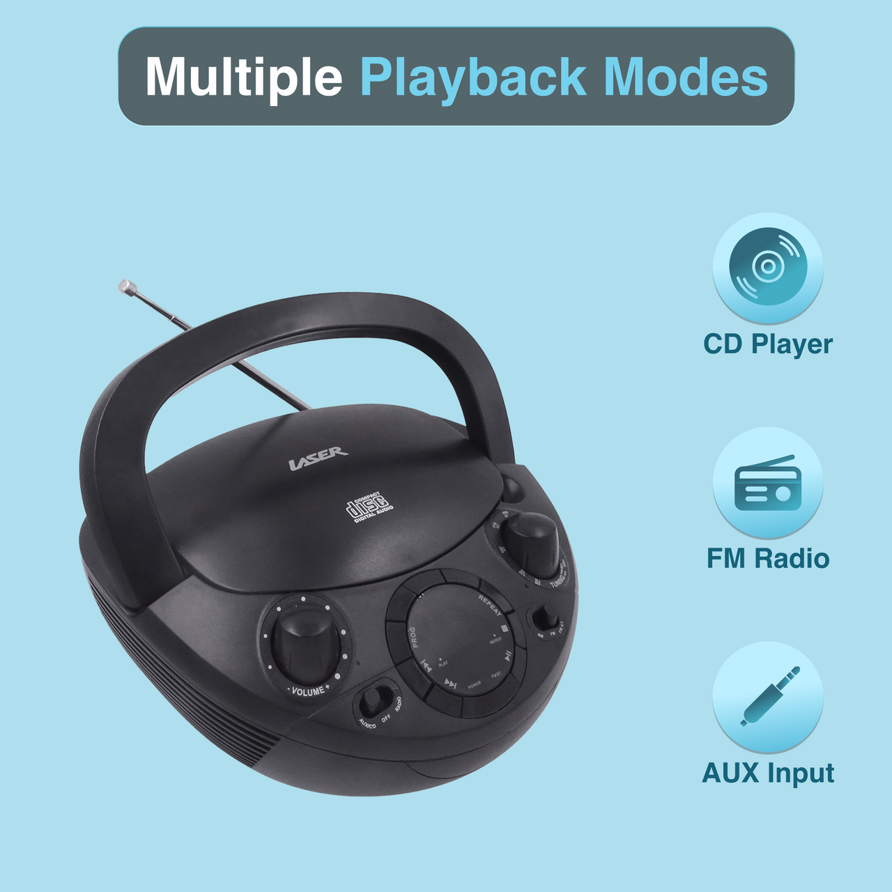 Laser Black Portable CD Boombox with AM/FM Radio - Image 2