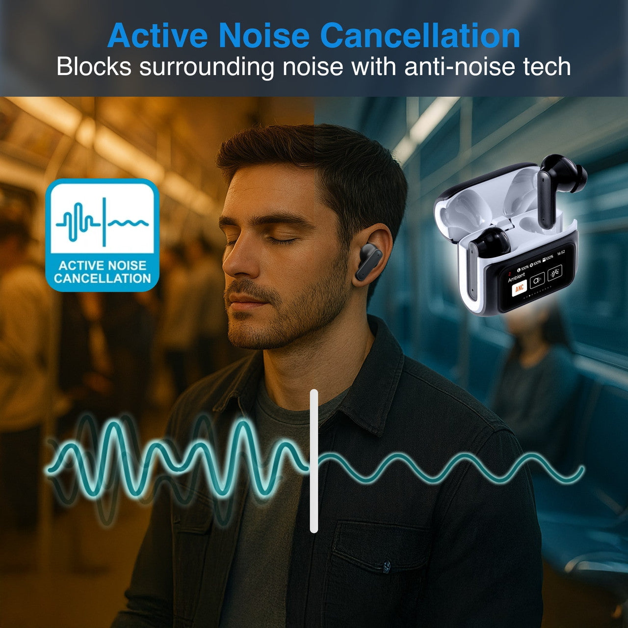 Laser TWS Earbuds ANC with Touch Display Black - Image 4
