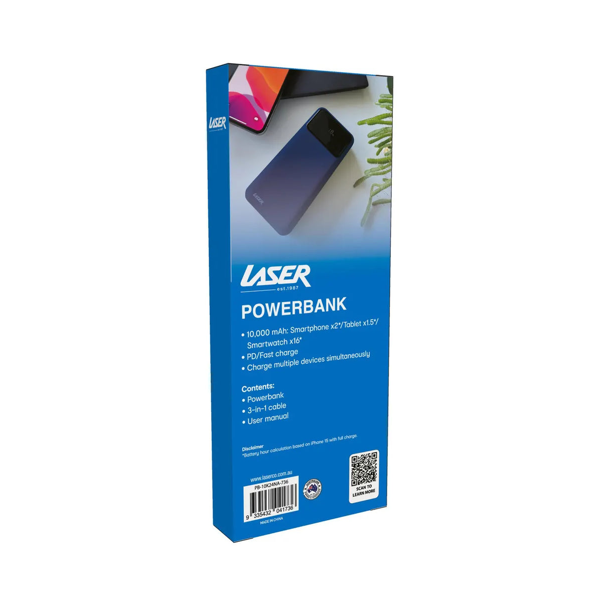 Laser 10000mAh Powerbank 18W PD with LED Navy - Image 9