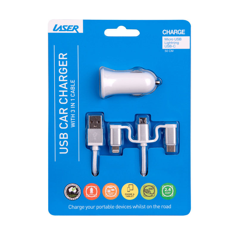 Laser USB Car Charger with 3-in-1 Cable White - Image 6