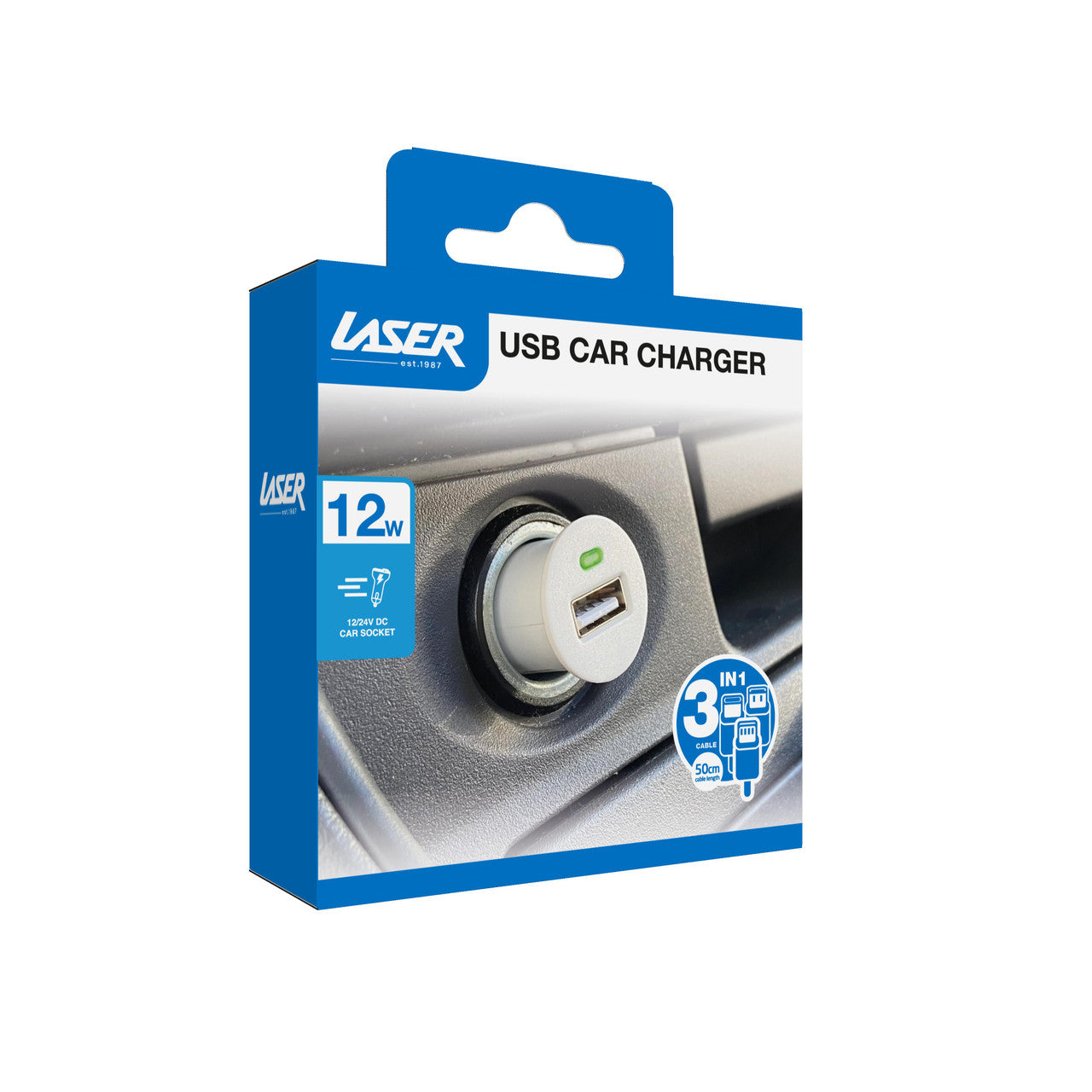 Laser USB Car Charger with 3-in-1 Cable White - Image 7