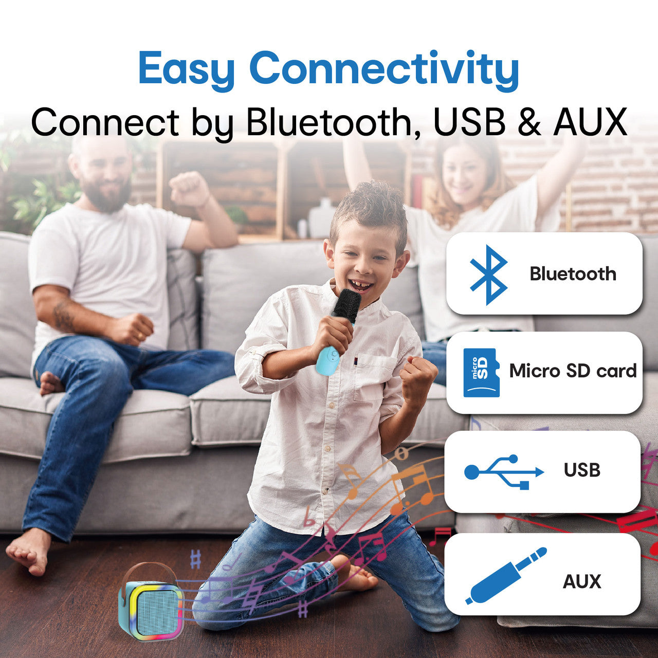 Laser Mini Karaoke Speaker with 2 Wireless Mics - Blue - Image 2