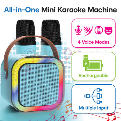 Laser Mini Karaoke Speaker with 2 Wireless Mics - Blue - Image 5