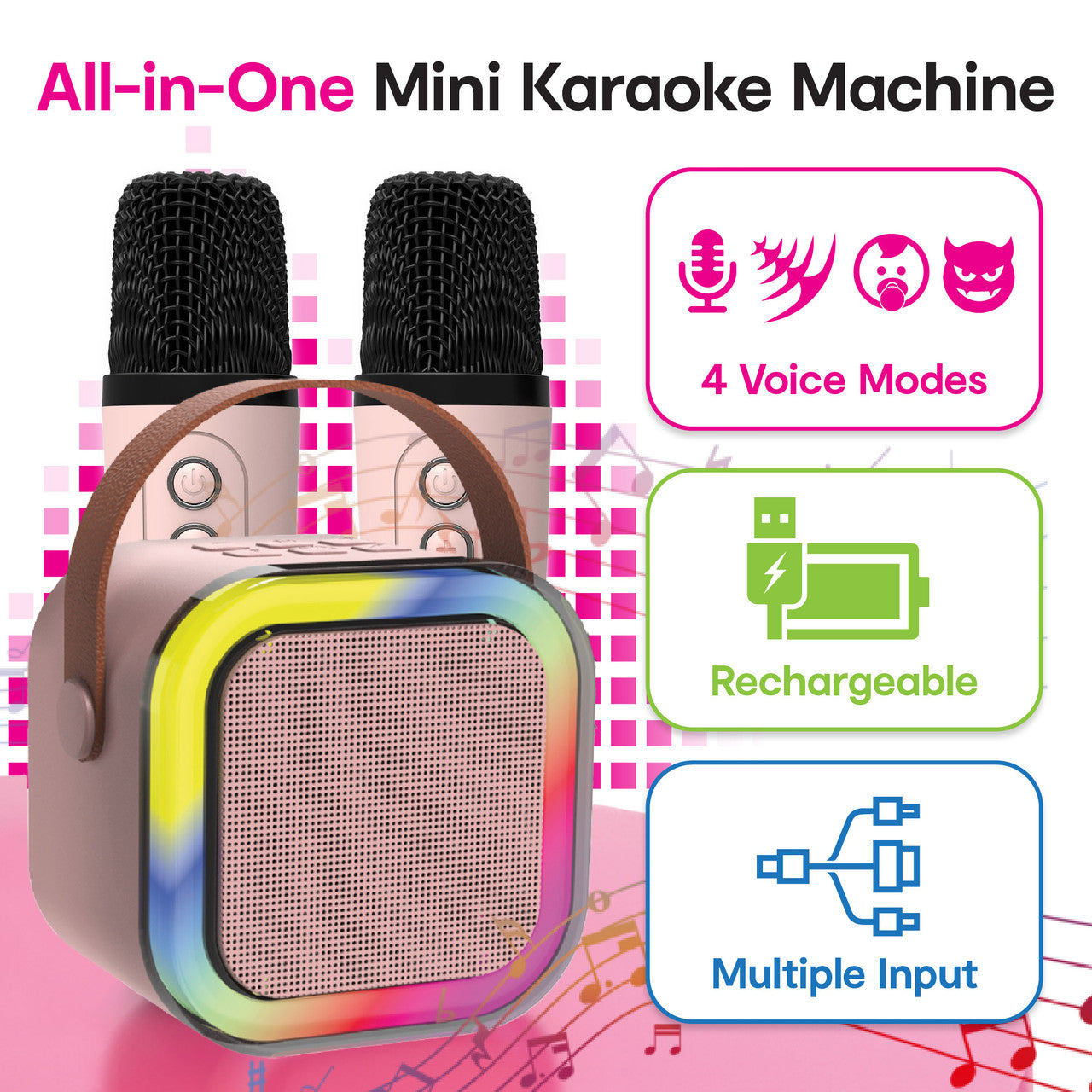 Laser Mini Karaoke Speaker with 2 Wireless Mics - Pink - Image 2
