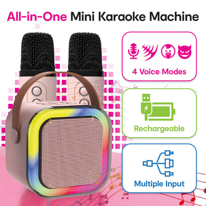 Laser Mini Karaoke Speaker with 2 Wireless Mics - Pink - Image 2