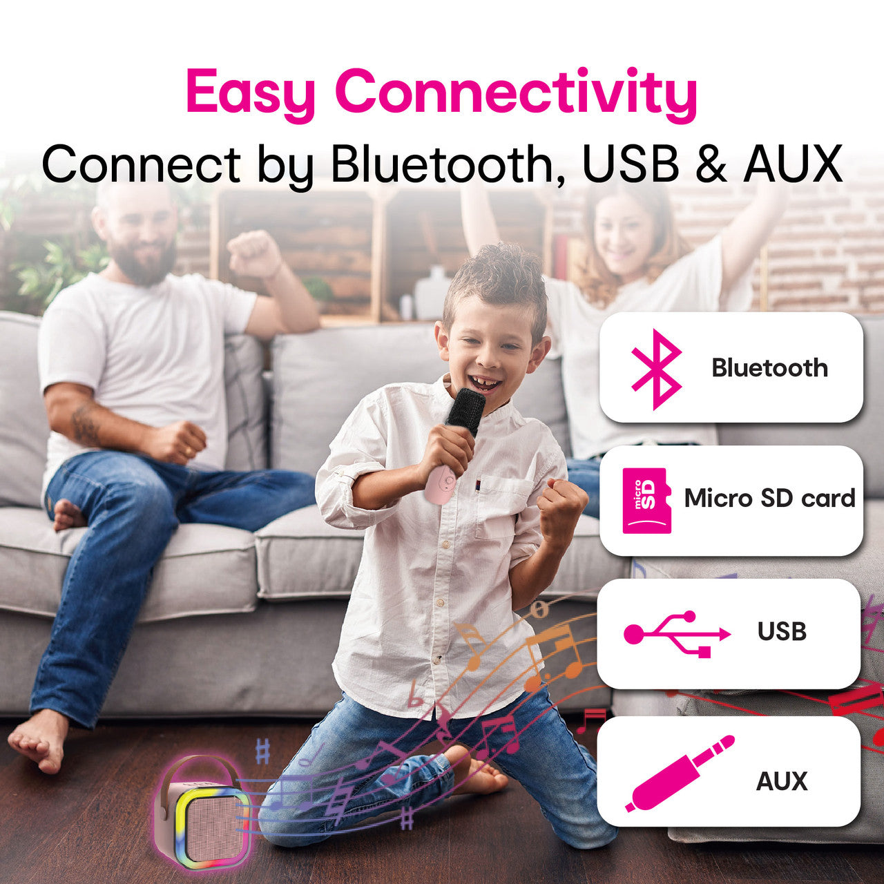 Laser Mini Karaoke Speaker with 2 Wireless Mics - Pink - Image 3