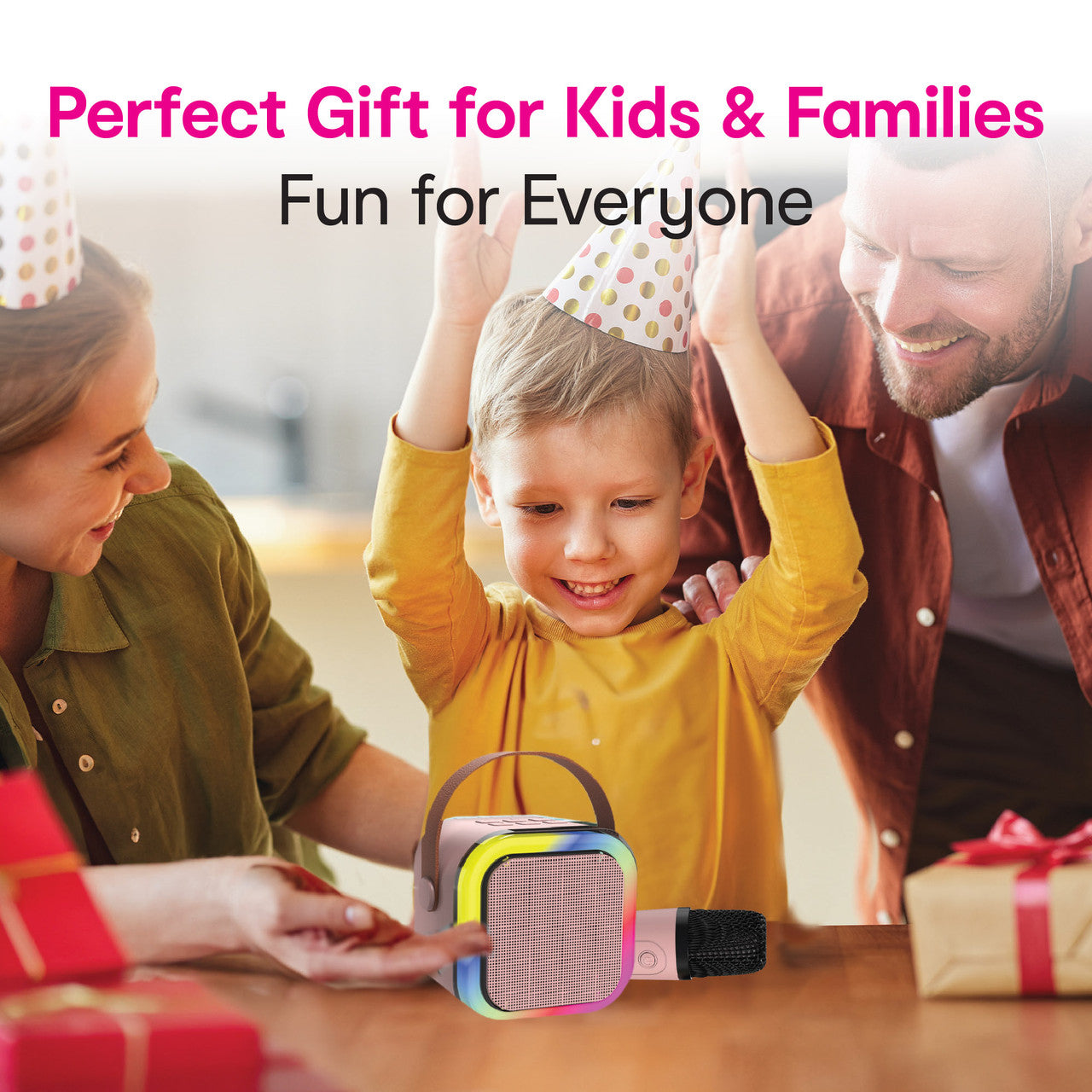 Laser Mini Karaoke Speaker with 2 Wireless Mics - Pink - Image 6