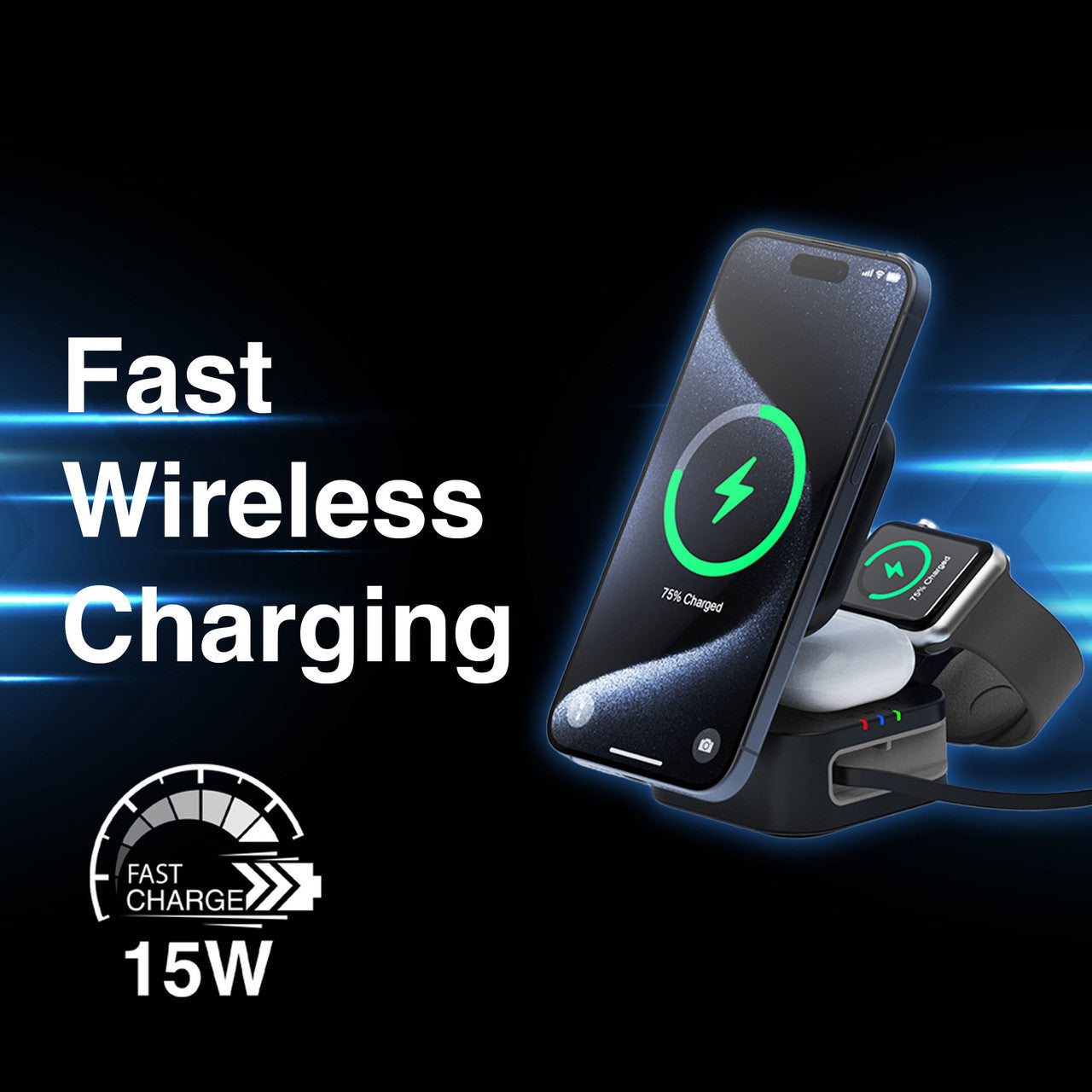 Laser 3 in 1 Foldable Wireless Charging Stand Black - Image 4