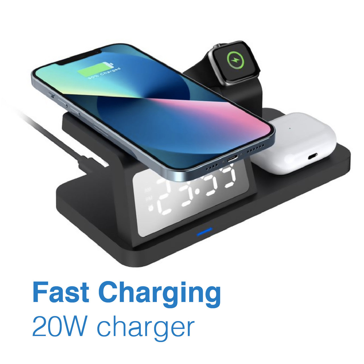 Laser 3-in-1 Wireless Charging Station with Alarm Clock - Black - Image 2