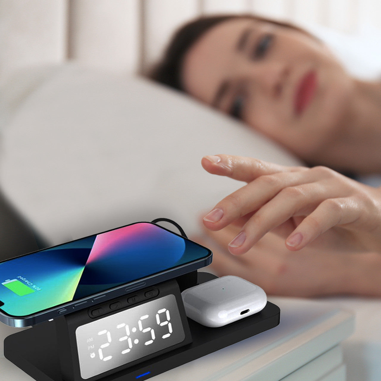 Laser 3-in-1 Wireless Charging Station with Alarm Clock - Black - Image 4
