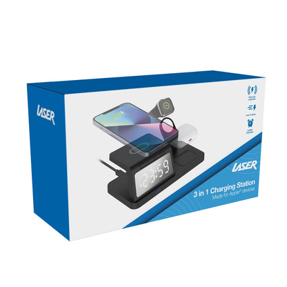 Laser 3-in-1 Wireless Charging Station with Alarm Clock - Black - Image 6
