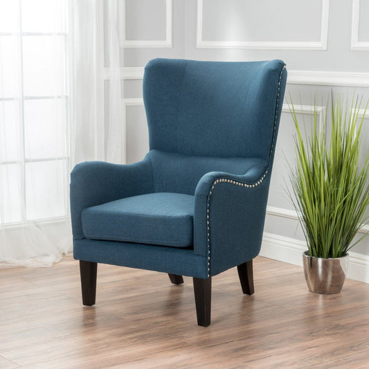 Vintage Dark Blue Fabric High Back Padded Armchair