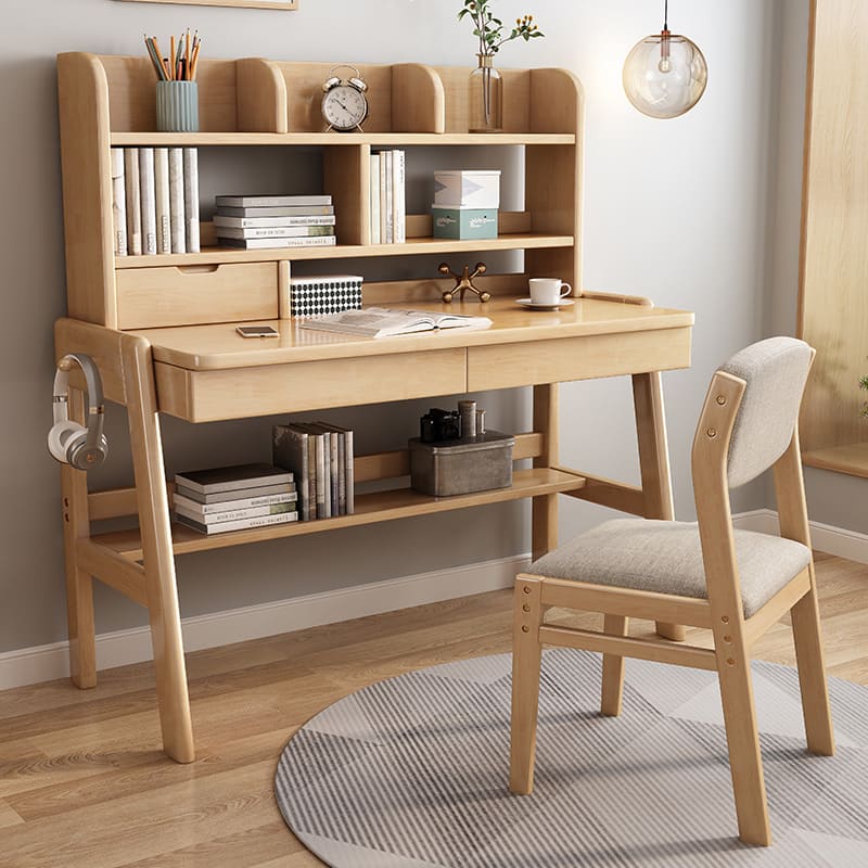 Ave Solid Wood Study Desk with Shelf and Drawers/Bookcase/Rubberwood/Pink