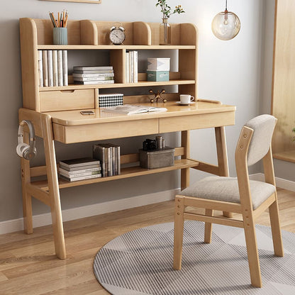 Ave Solid Wood Study Desk with Shelf and Drawers/Bookcase/Rubberwood/Pink