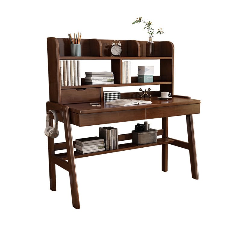 Ave Solid Wood Study Desk with Shelf and Drawers/Bookcase/Rubberwood/Walnut - Image 2