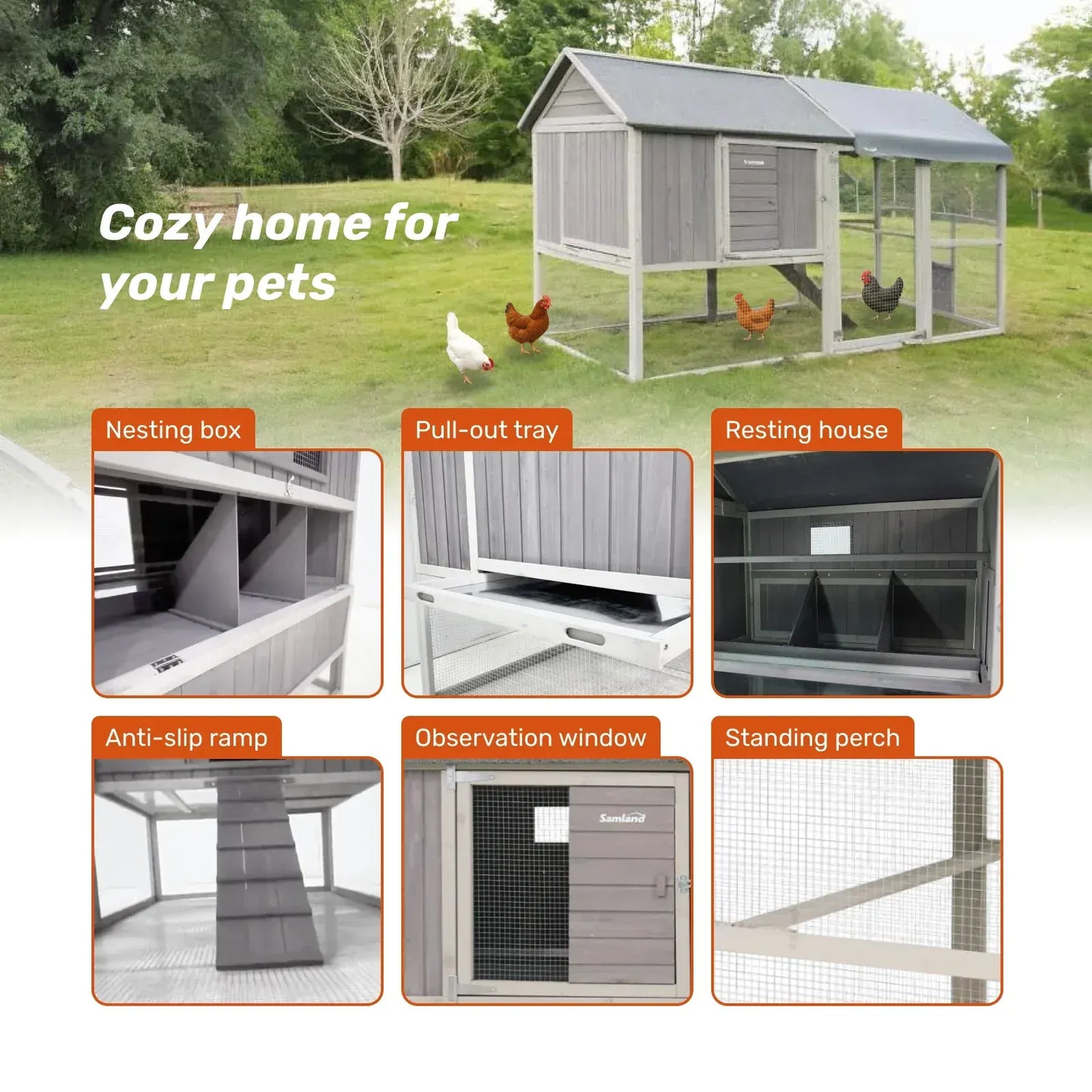 Samland Large Wooden Backyard Chicken Coop with Big Run and Nesting Boxes - Image 2