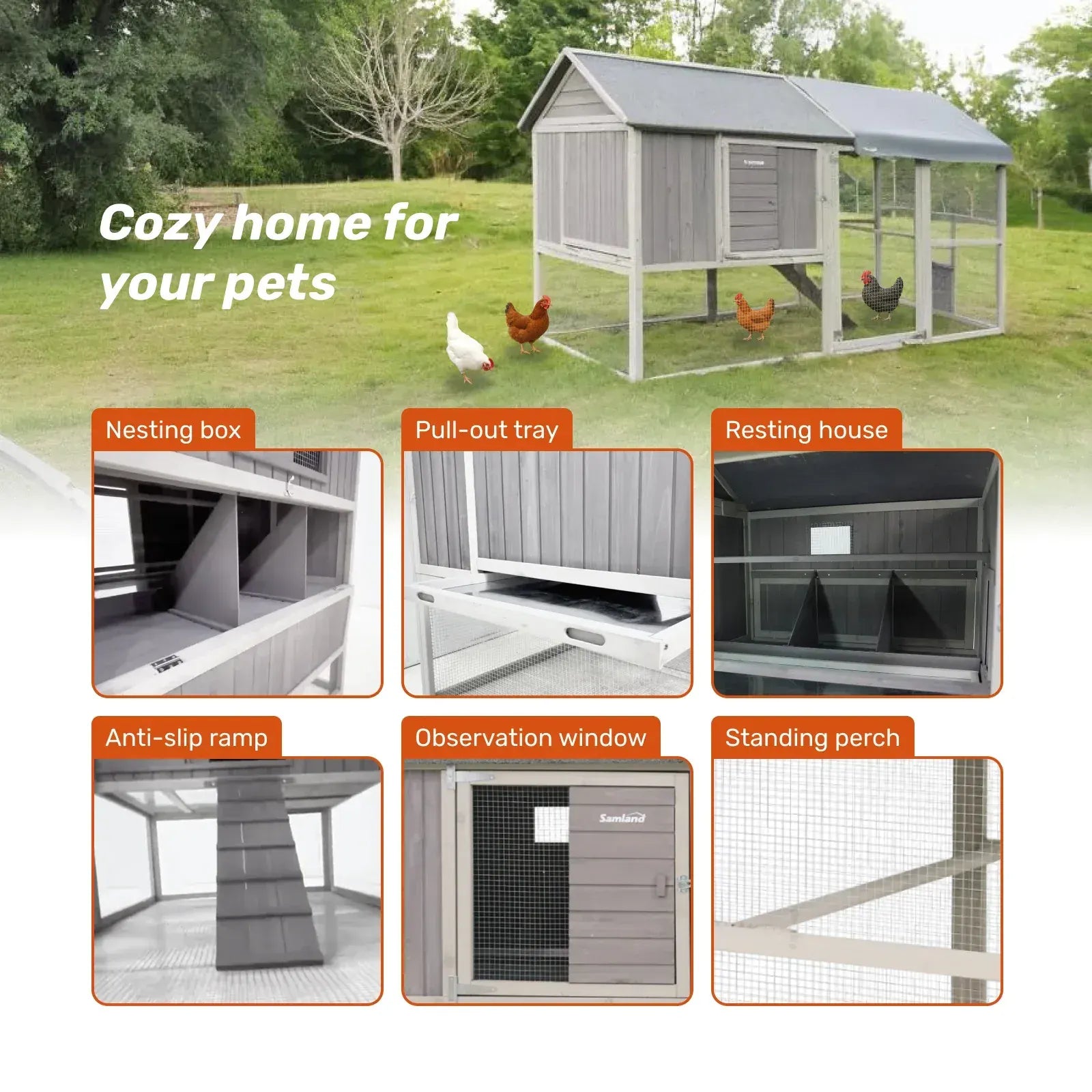 Samland Large Wooden Backyard Chicken Coop with Big Run and Nesting Boxes - Image 2