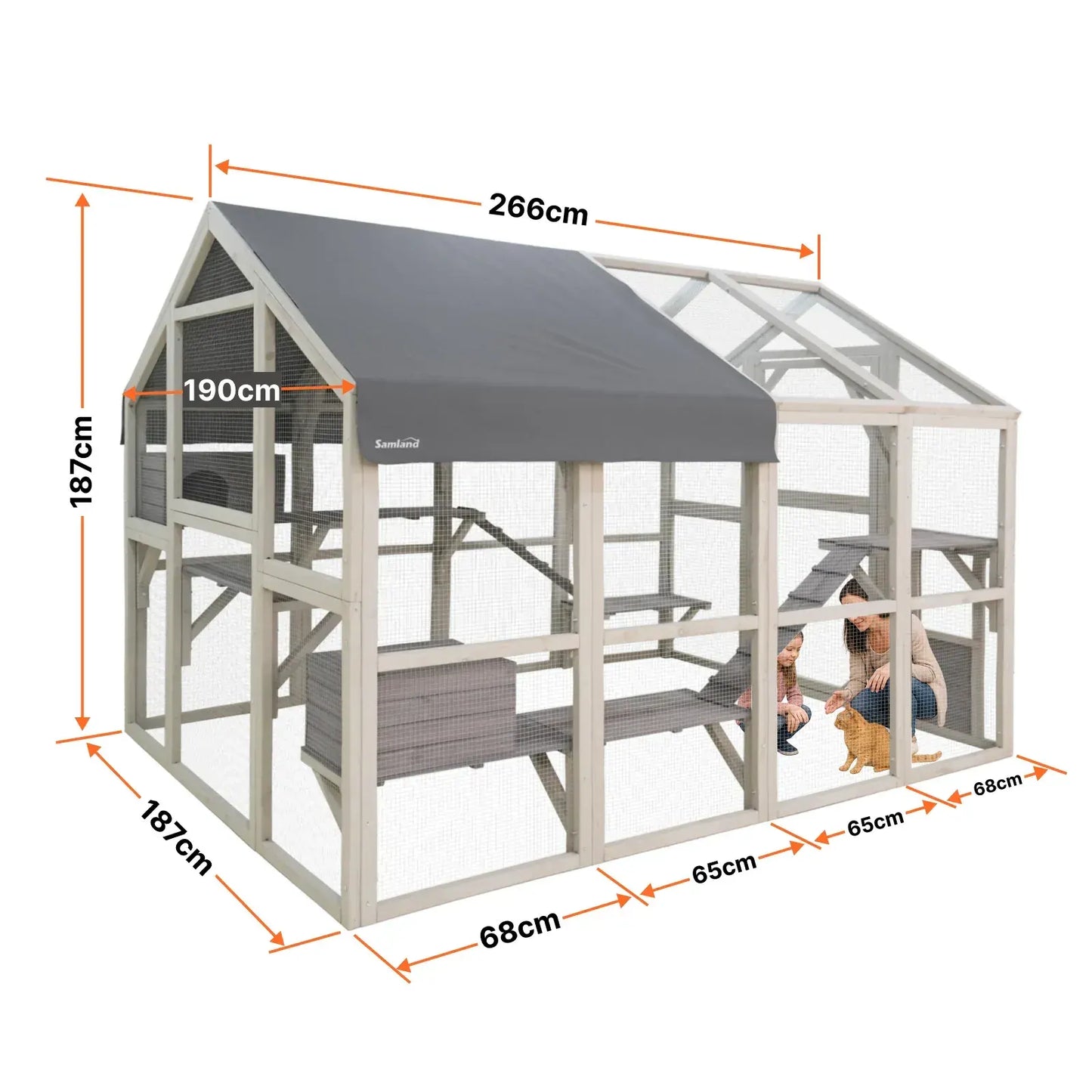 Samland Large Wooden Outdoor Cat House Catio with Platforms, Ramps, Cozy Houses and Weatherproof Roof - Image 2