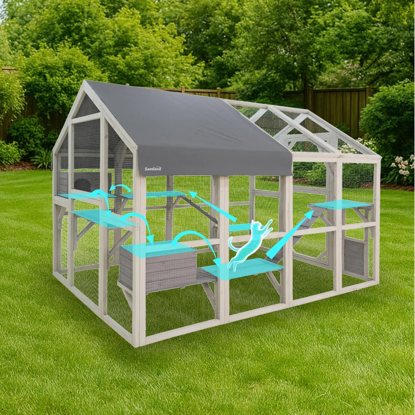 Samland Large Wooden Outdoor Cat House Catio with Platforms, Ramps, Cozy Houses and Weatherproof Roof - Image 4