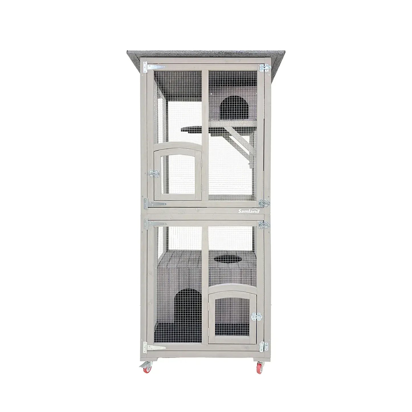 Samland Outdoor Wooden Cat Enclosure Catio with Wheels, Double Cat Houses & Roof