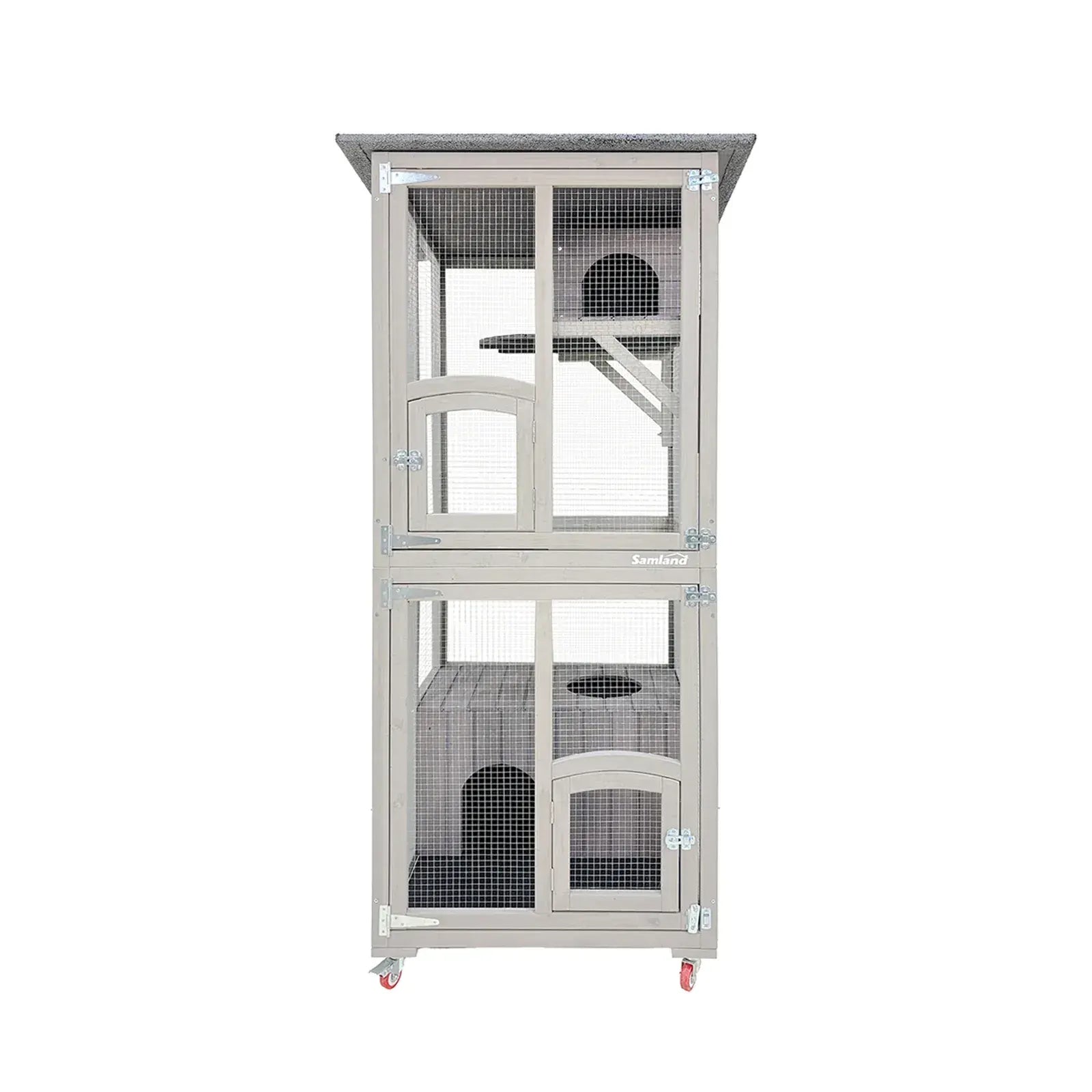 Samland Outdoor Wooden Cat Enclosure Catio with Wheels, Double Cat Houses & Roof