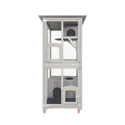 Samland Outdoor Wooden Cat Enclosure Catio with Wheels, Double Cat Houses & Roof