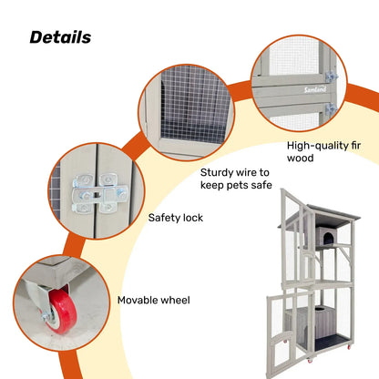 Samland Outdoor Wooden Cat Enclosure Catio with Wheels, Double Cat Houses & Roof - Image 4