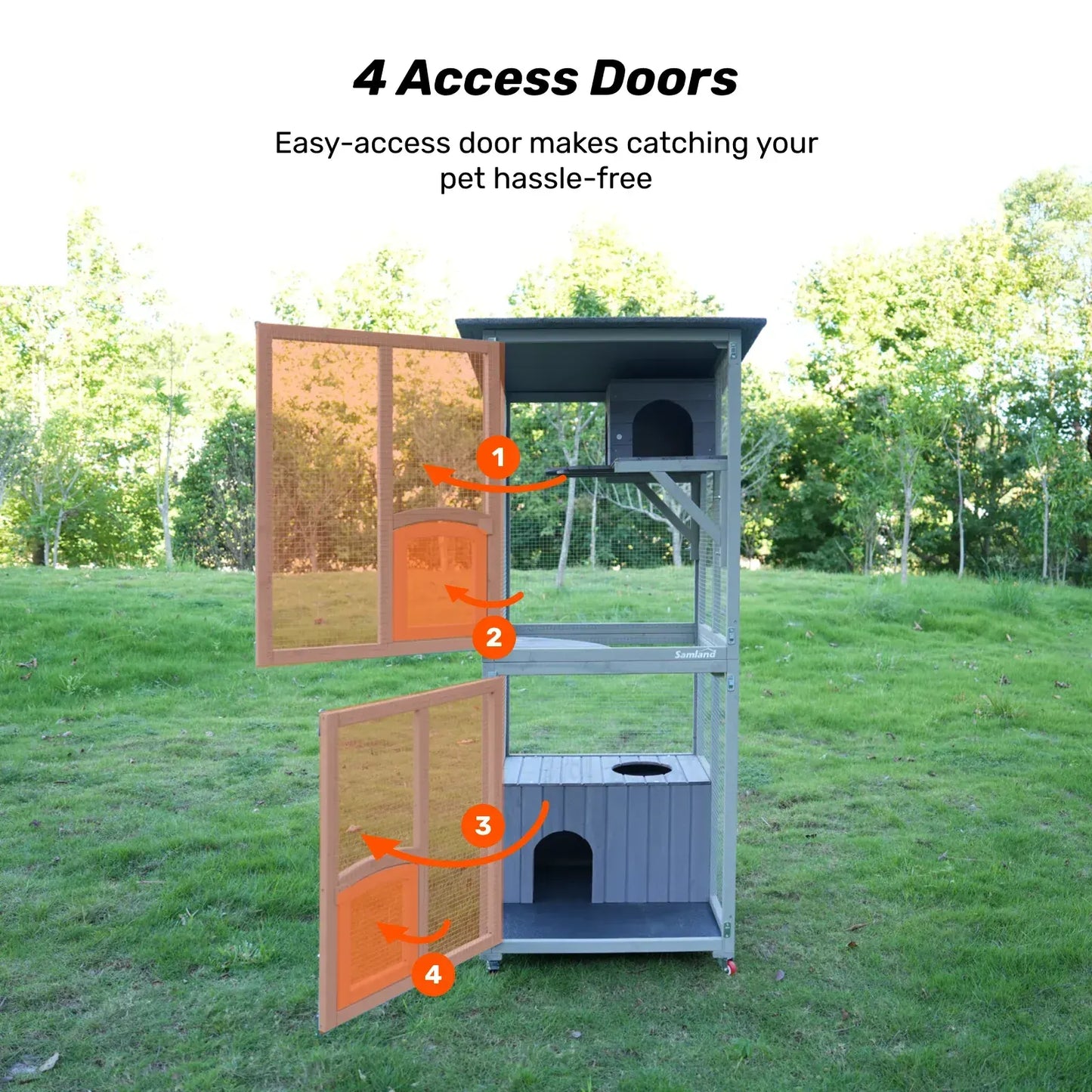 Samland Outdoor Wooden Cat Enclosure Catio with Wheels, Double Cat Houses & Roof - Image 5