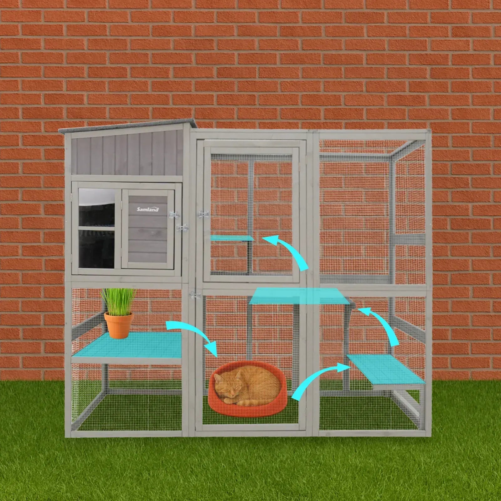Samland Large Indoor & Outdoor Wooden Cat Enclosure with Sleeping House & Climbing Platforms - Image 2