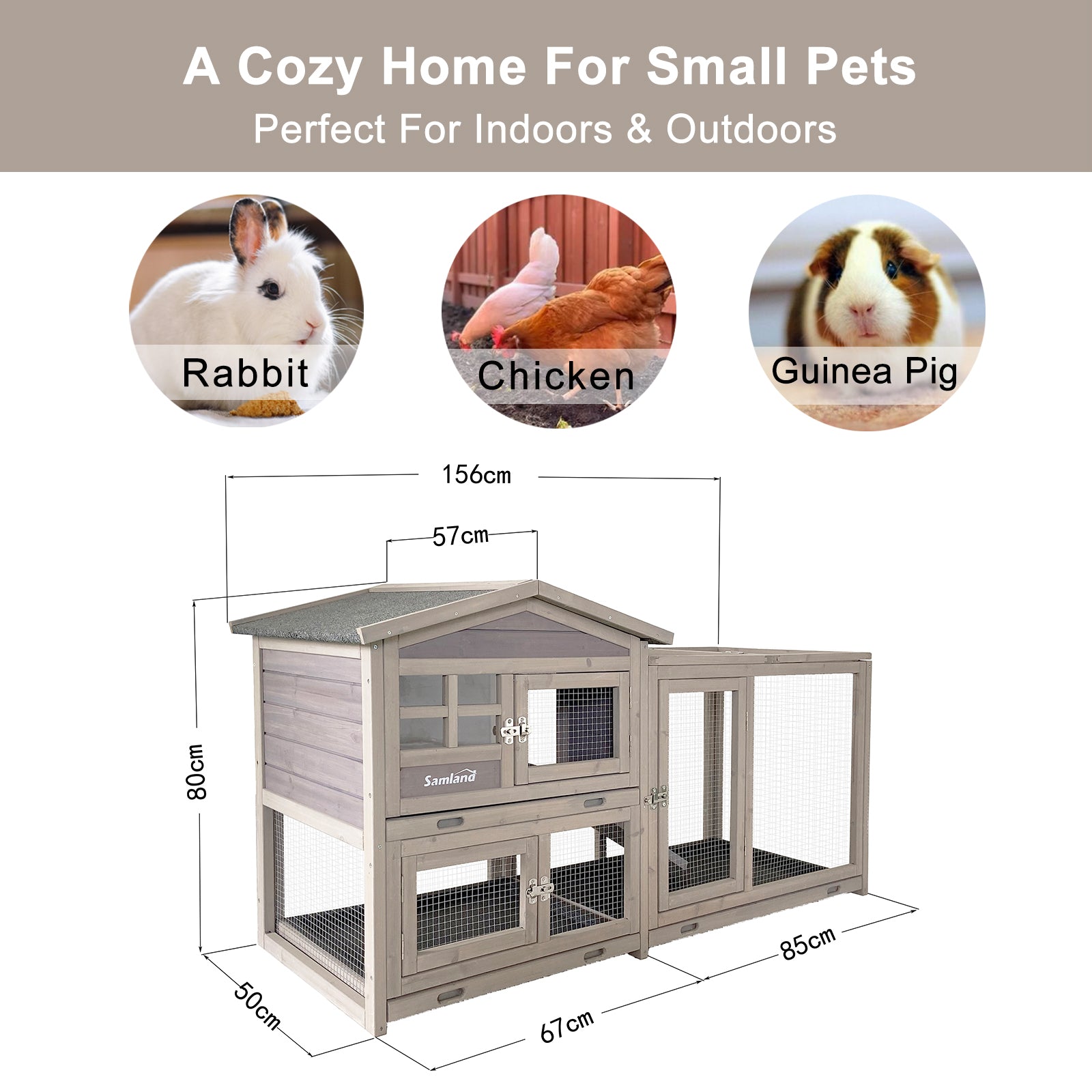 Samland Rabbit Hutch Cage Indoor and Outdoor Chicken Coop Guinea Pig Cage Bunny Cage Waterproof Roof - Image 3