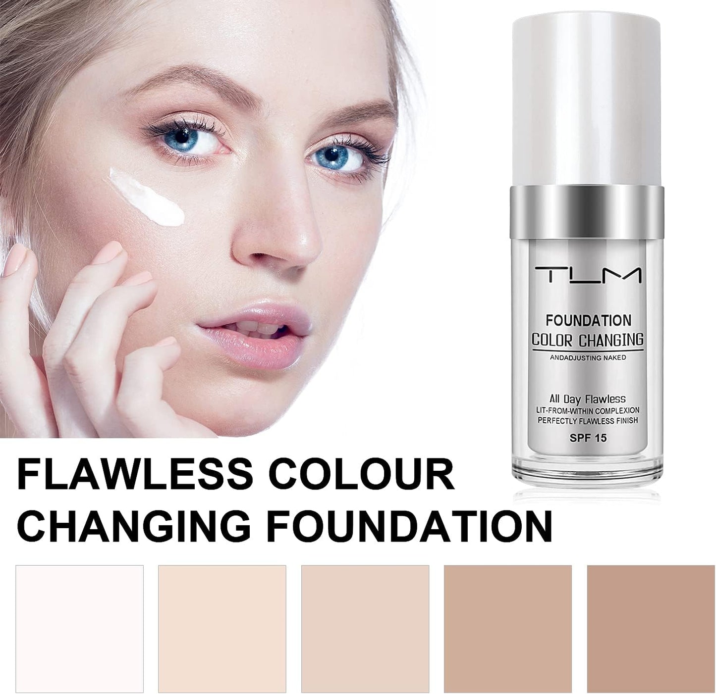 ReviGLam TLM Colour Changing Liquid Foundation Hides Wrinkles & Lines, BB Cream Makeup Base Concealer Cover Moisturizing Fluid for all Skin Tone SPF15, Pack of 1 - Image 5