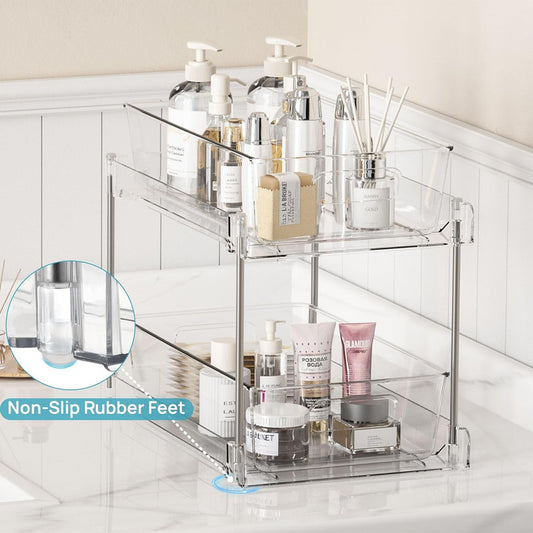 1 Pack Bathroom Organizer, 2 Tier Clear Under Sink Organizers Vanity Countertop Storage Container,Cabinet Drawers Bins, Pull-Out Organization with Track for Pantry, Kitchen