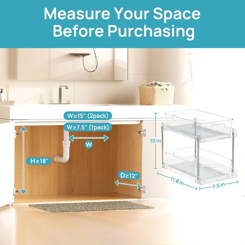 1 Pack Bathroom Organizer, 2 Tier Clear Under Sink Organizers Vanity Countertop Storage Container,Cabinet Drawers Bins, Pull-Out Organization with Track for Pantry, Kitchen - Image 4